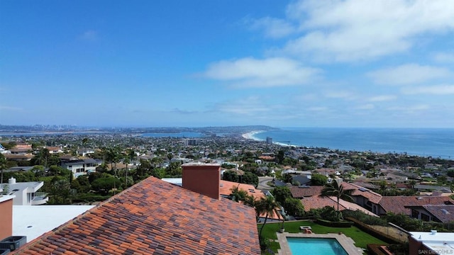 drone / aerial view featuring a water view