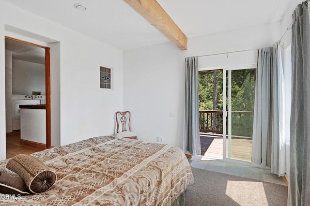 bedroom featuring washer and dryer, beam ceiling, access to exterior, and light carpet