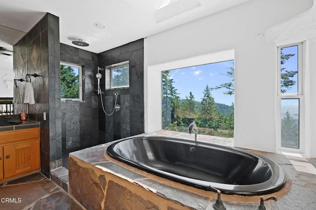 bathroom with vanity and separate shower and tub