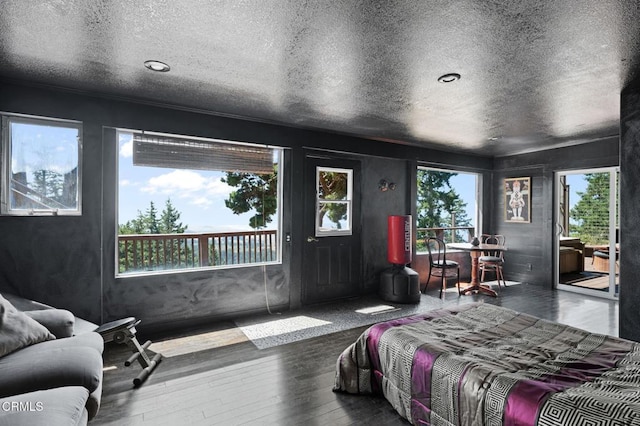 bedroom featuring access to outside, multiple windows, a textured ceiling, and hardwood / wood-style flooring