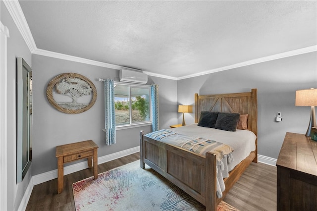 41026 Los Amantes Rd, Temecula, CA 92592 - bedroom featuring wood finished floors, an AC wall unit, crown molding, and a textured ceiling