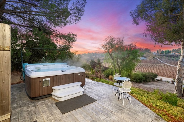 41026 Los Amantes Rd, Temecula, CA 92592 - patio terrace at dusk featuring a hot tub and a deck