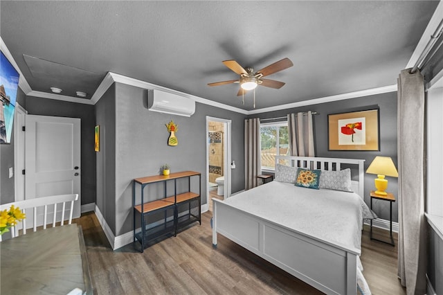 41026 Los Amantes Rd, Temecula, CA 92592 - bedroom featuring a wall mounted AC, wood finished floors, ornamental molding, ceiling fan, and ensuite bathroom