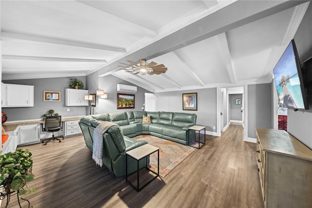 41026 Los Amantes Rd, Temecula, CA 92592 - living area with a wall unit AC, light wood-style floors, ceiling fan, and built in study area