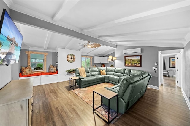 41026 Los Amantes Rd, Temecula, CA 92592 - living room with an AC wall unit, wood finished floors, and a ceiling fan