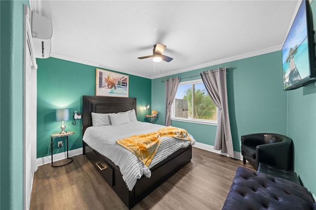 41026 Los Amantes Rd, Temecula, CA 92592 - bedroom featuring wood finished floors, ornamental molding, a wall unit AC, and a ceiling fan