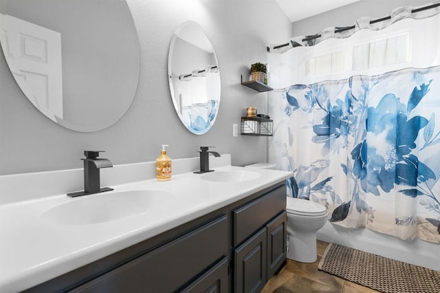 full bathroom featuring vanity, toilet, and shower / bathtub combination with curtain