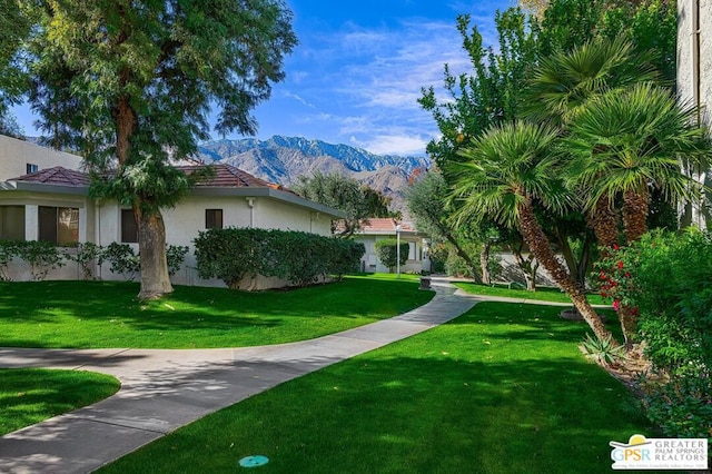 view of property's community with a mountain view and a yard