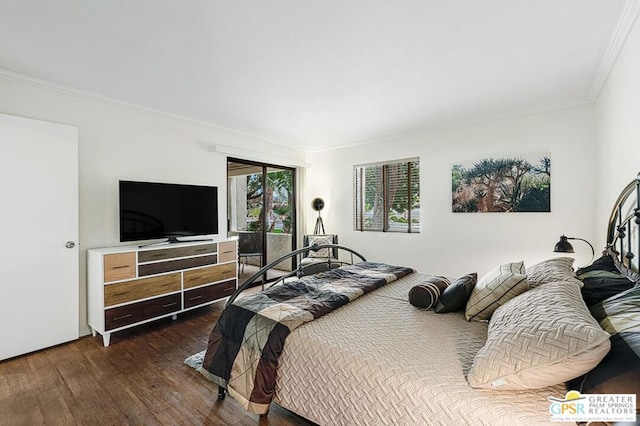 bedroom featuring crown molding and dark wood-type flooring