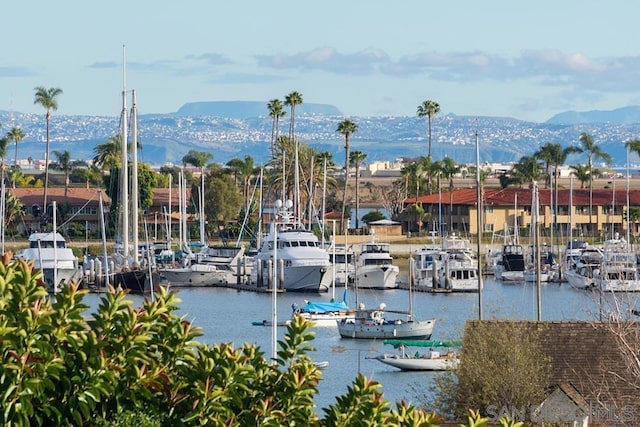 view of dock with a water and mountain view