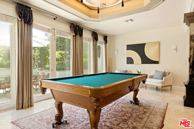 recreation room featuring a tray ceiling and billiards