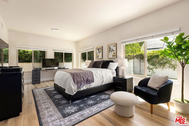 bedroom with multiple windows and light hardwood / wood-style flooring