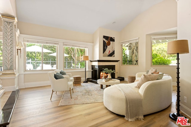 living area with light hardwood / wood-style floors, vaulted ceiling, and a wealth of natural light