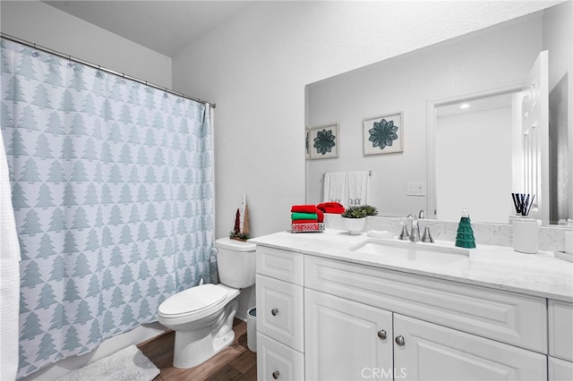 bathroom featuring hardwood / wood-style flooring, vanity, and toilet