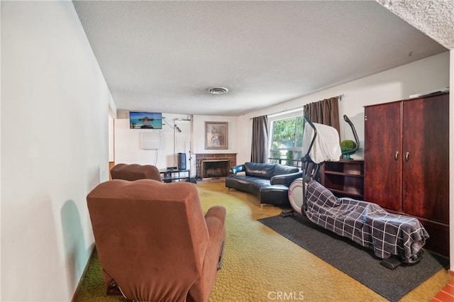 living room with a textured ceiling and carpet floors