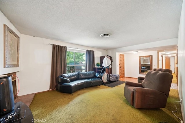 living room featuring carpet floors and a textured ceiling