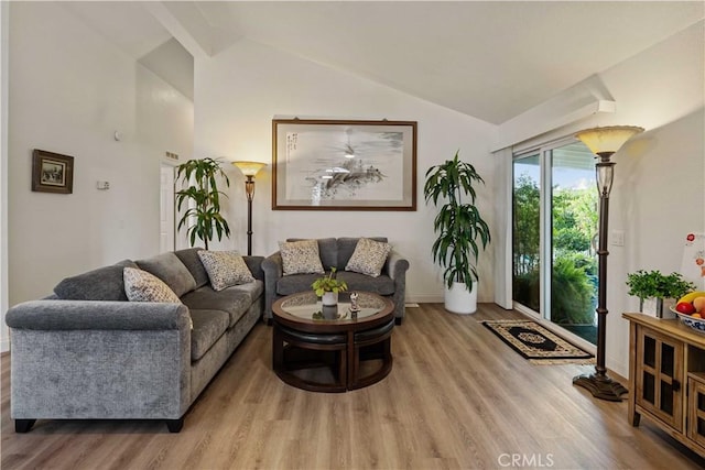 living room with light hardwood / wood-style floors and lofted ceiling