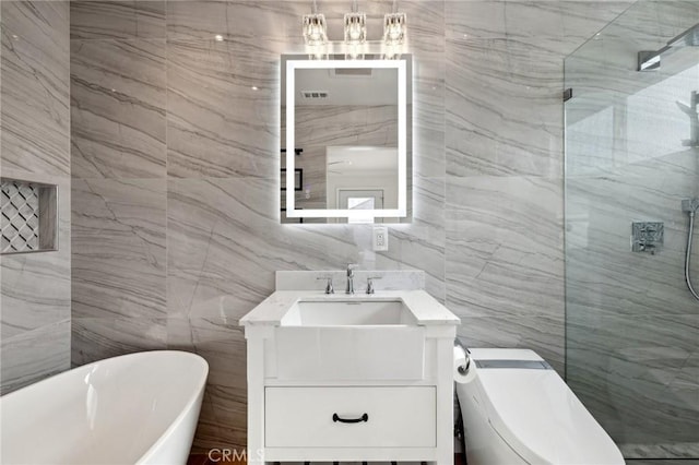 bathroom featuring vanity, tile walls, and plus walk in shower