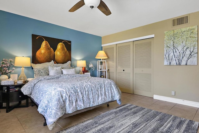 tiled bedroom with a closet and ceiling fan