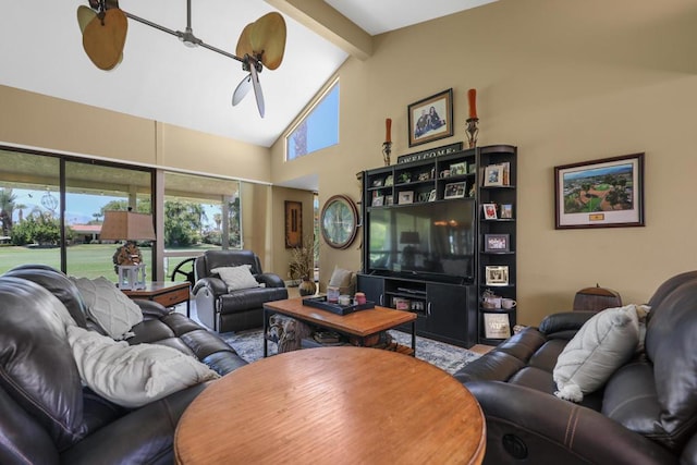 living room with vaulted ceiling with beams and ceiling fan