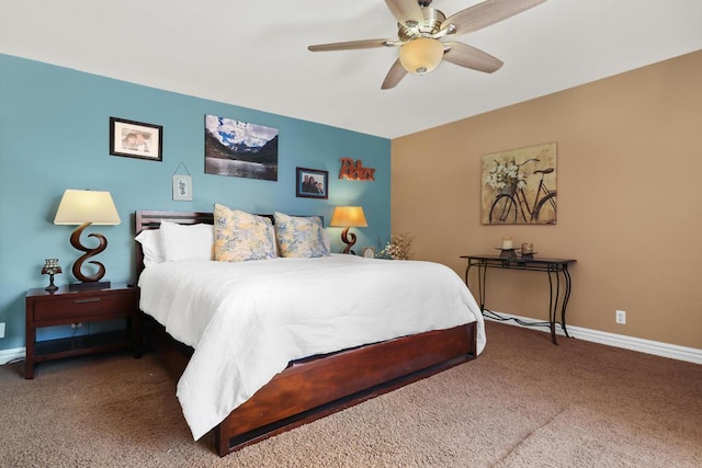 bedroom with ceiling fan and carpet floors