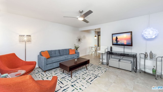 living room featuring ceiling fan