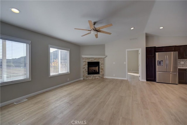 1592 Deer Canyon Rd, Arroyo Grande, CA 93420 - unfurnished living room featuring a ceiling fan, light wood-style floors, lofted ceiling, baseboards, and recessed lighting