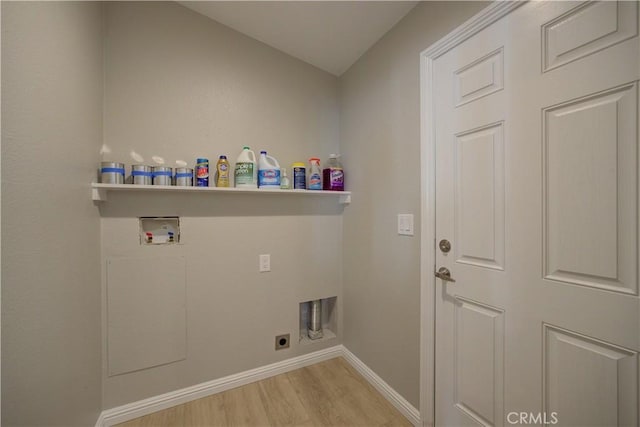 laundry room with hookup for an electric dryer, washer hookup, and light hardwood / wood-style flooring