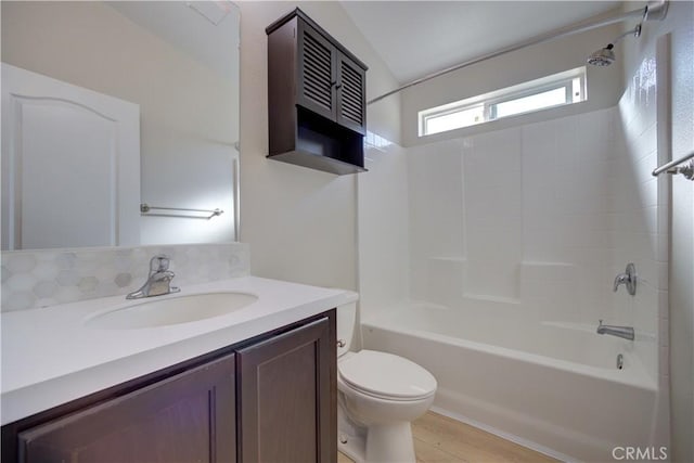 1592 Deer Canyon Rd, Arroyo Grande, CA 93420 - bathroom featuring toilet, vanity, shower / washtub combination, wood finished floors, and lofted ceiling