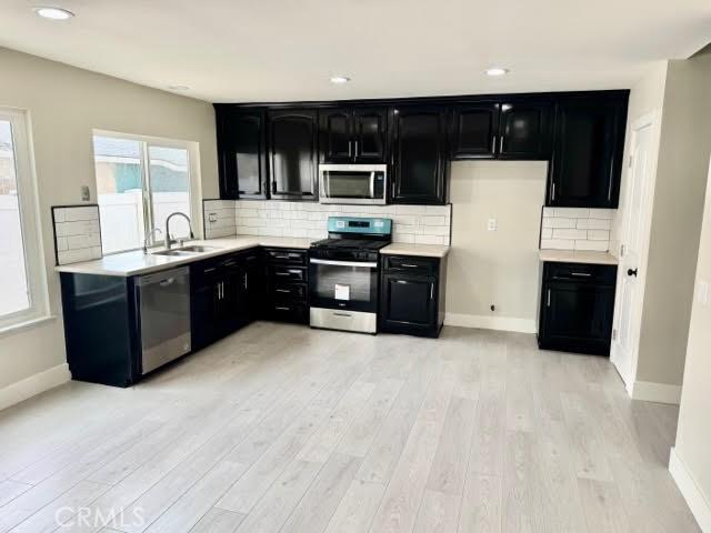 kitchen featuring decorative backsplash, appliances with stainless steel finishes, light wood-type flooring, and sink