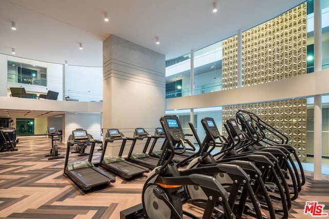 exercise room with a towering ceiling