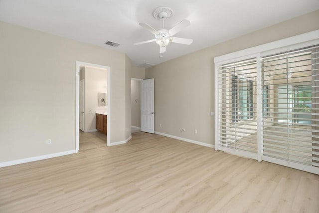 unfurnished bedroom with light wood-type flooring, ceiling fan, access to outside, and ensuite bath