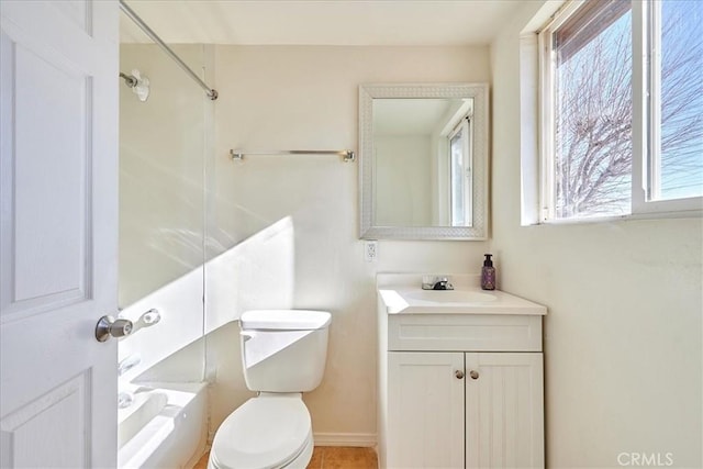 full bathroom featuring toilet, vanity, and shower / washtub combination