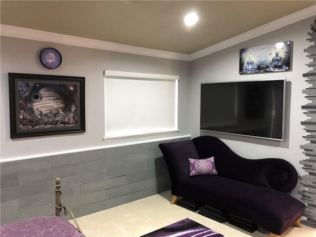 bedroom with carpet, tile walls, and ornamental molding