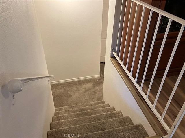 stairway featuring carpet floors and baseboards