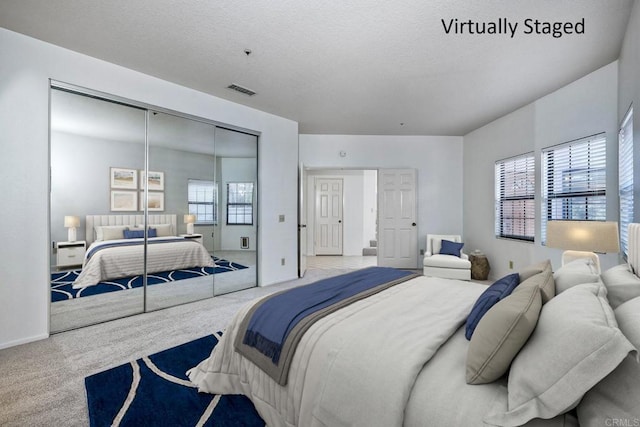 bedroom featuring multiple windows, carpet flooring, and a closet