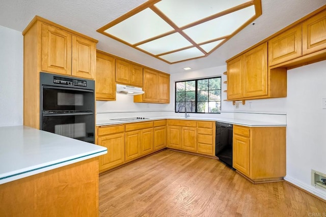 kitchen with sink, black appliances, and light wood-type flooring