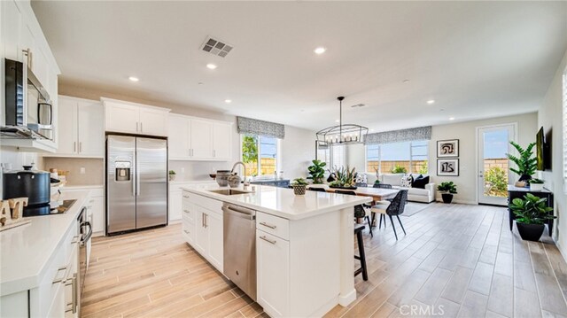 kitchen with a kitchen island with sink, sink, plenty of natural light, and appliances with stainless steel finishes