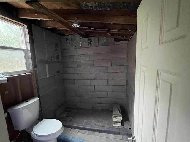 bathroom with toilet, a healthy amount of sunlight, and walk in shower