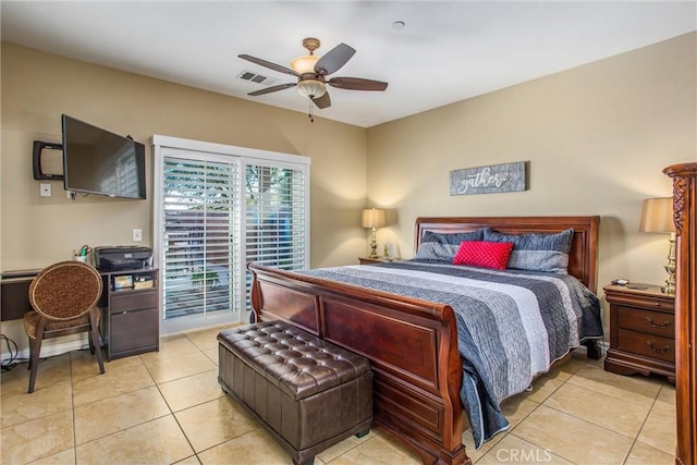 bedroom with ceiling fan, access to outside, light tile patterned flooring, and visible vents