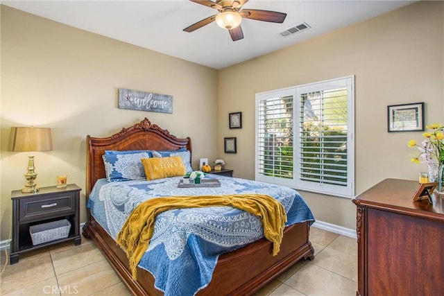 bedroom with baseboards, visible vents, ceiling fan, and light tile patterned flooring