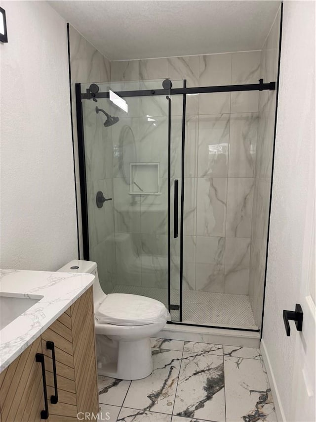 bathroom featuring vanity, toilet, and a shower with door