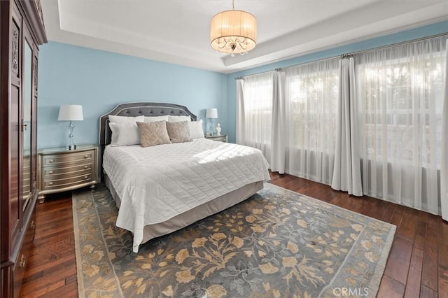 bedroom featuring dark wood-type flooring and a raised ceiling