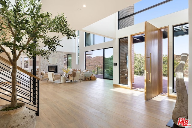 interior space with a mountain view, a towering ceiling, light hardwood / wood-style flooring, and a stone fireplace