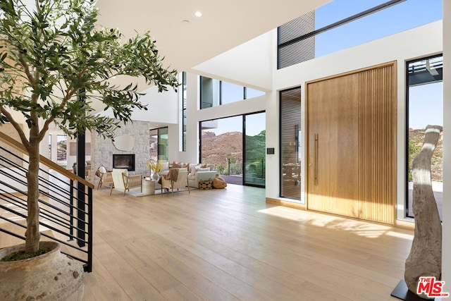 foyer featuring light hardwood / wood-style flooring, a mountain view, a towering ceiling, and a stone fireplace