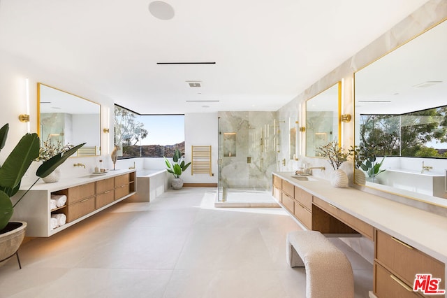 bathroom featuring plus walk in shower, floor to ceiling windows, plenty of natural light, and vanity