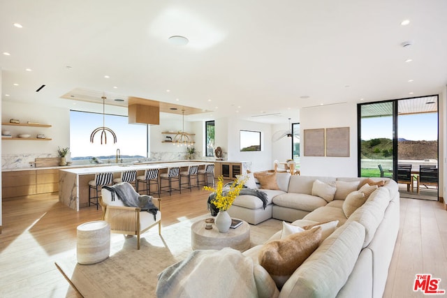 living room with a wall of windows, a healthy amount of sunlight, and light hardwood / wood-style floors