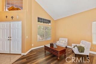 living area featuring hardwood / wood-style floors and lofted ceiling