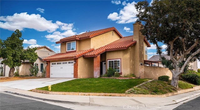 mediterranean / spanish-style house with a front yard and a garage