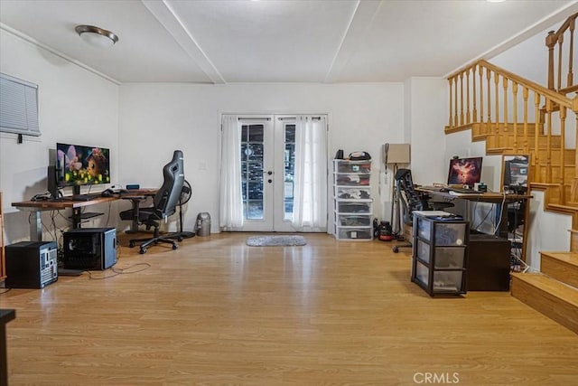 office area with wood finished floors and french doors